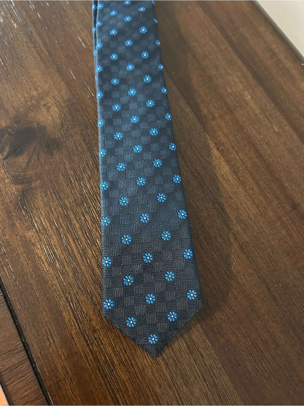 Men's Navy 100% Silk Tie with Blue Floral Pattern